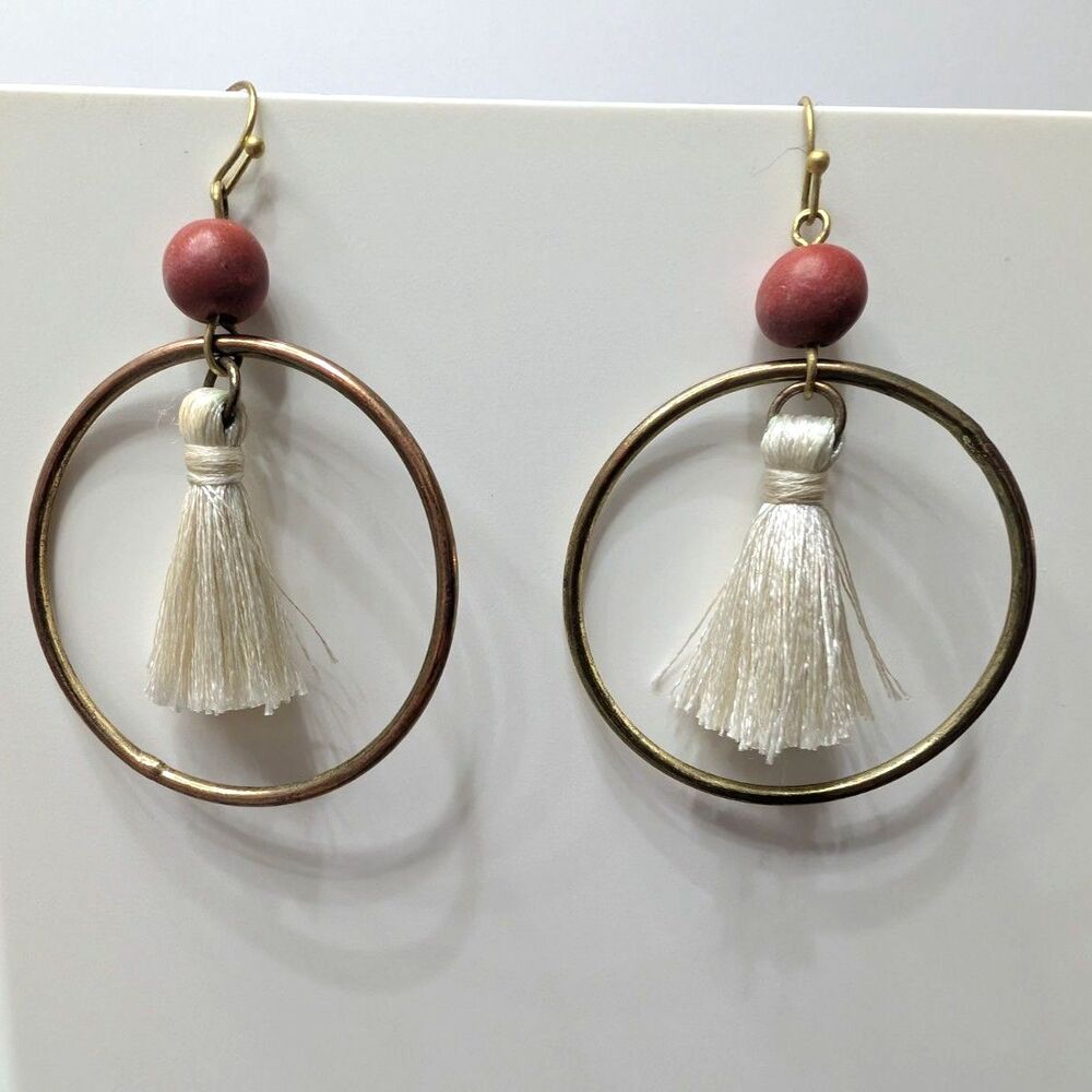 Boho Gold Hoop‎ Earrings with White Tassels & Red Beads